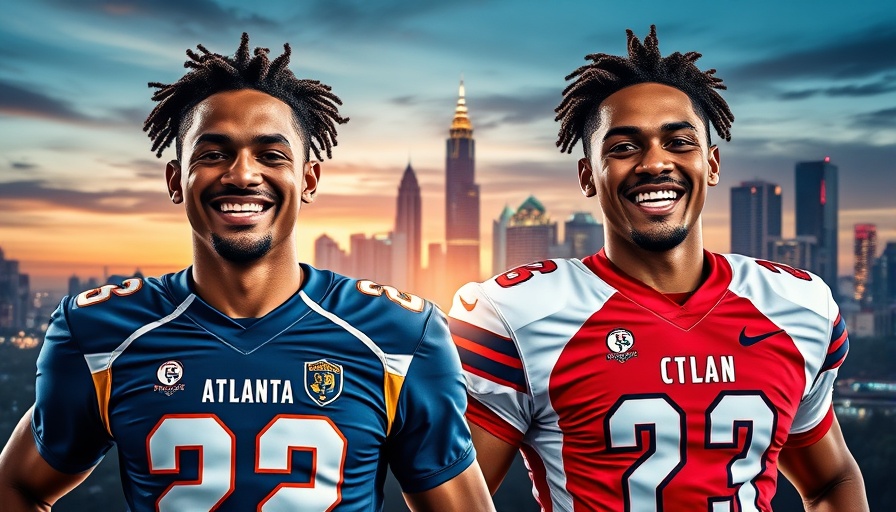 Atlanta sports theme with city skyline background, featuring athletes.