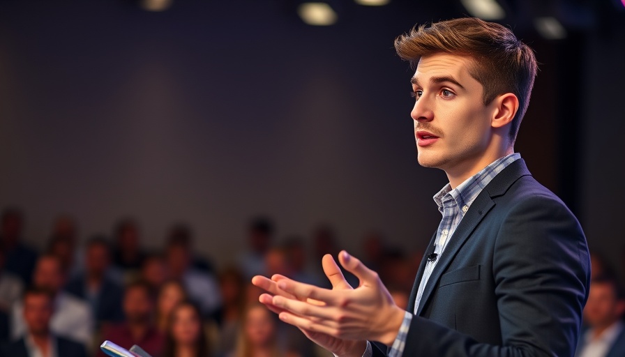 Confident man giving a speech on stage.