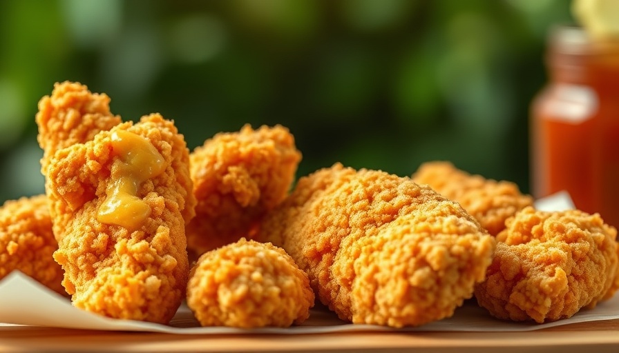 Golden fried chicken with saltine cracker crust on a plate, natural setting.