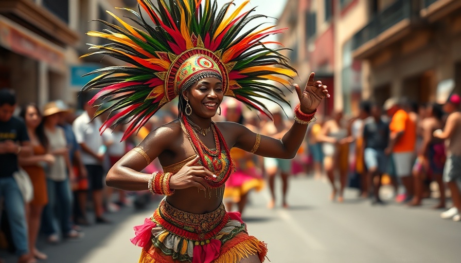 Colorful dancer at Atlanta Caribbean Carnival Parade, in traditional costume.
