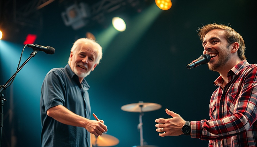 Concert stage scene with musician and public figure, podcast host reacts.