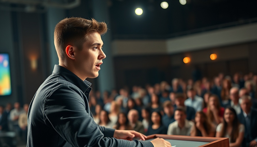 Public debate scene with a young man making a defense argument
