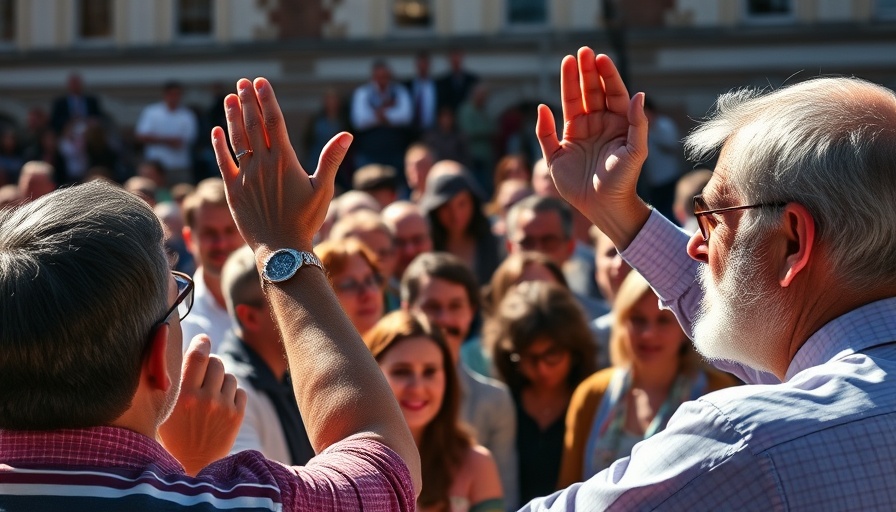 Public debate scene with passionate speaker and engaged audience in the square.