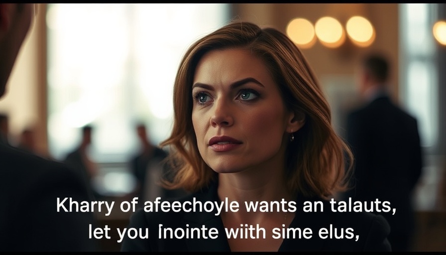 Elegant woman in conversation with overlay text, indoors, cinematic.