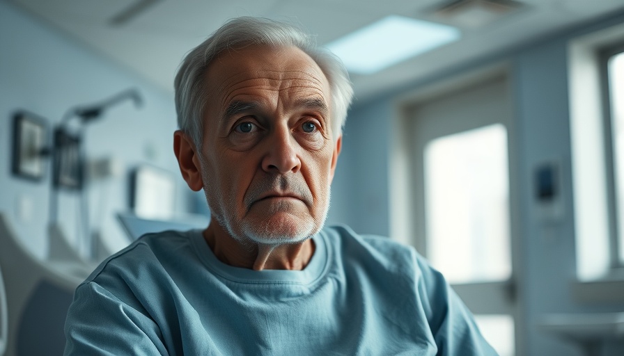 Older man in hospital gown looking concerned in a medical setting.