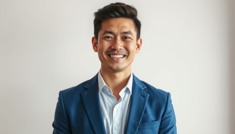 Person in blue suit smiling with text overlay.