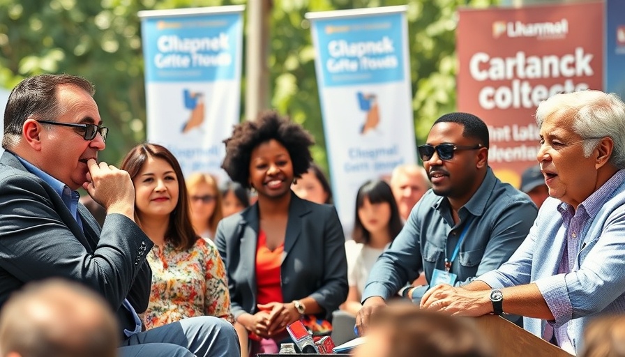 Panel discussion with speakers, audience interaction, outdoor event.