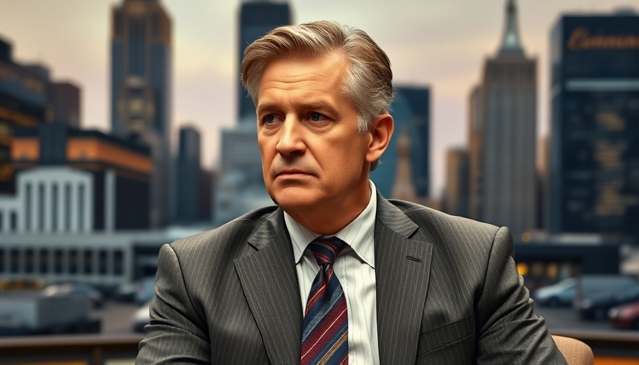 Censorship in Media Politics: Man in studio with blurred cityscape.
