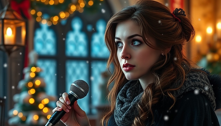 Woman discussing in a Hogwarts-inspired setting with festive decor.