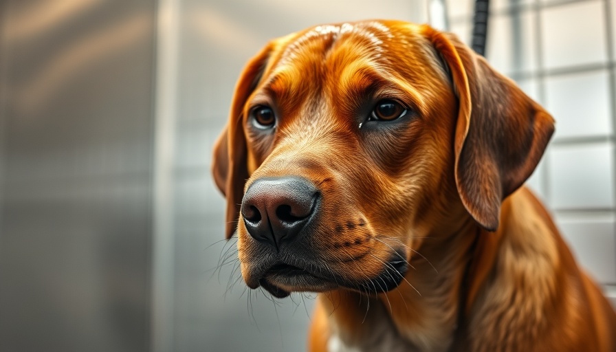 Gentle brown dog in bath at Atlanta pet grooming.