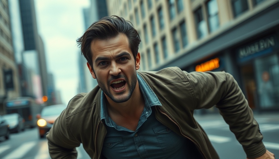 Cinematic scene of a man running in city street reflecting AI and the Future of Jobs.