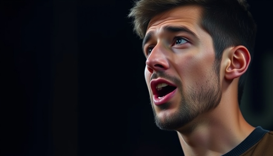 Young man speaking, blurred dark background, close-up view.