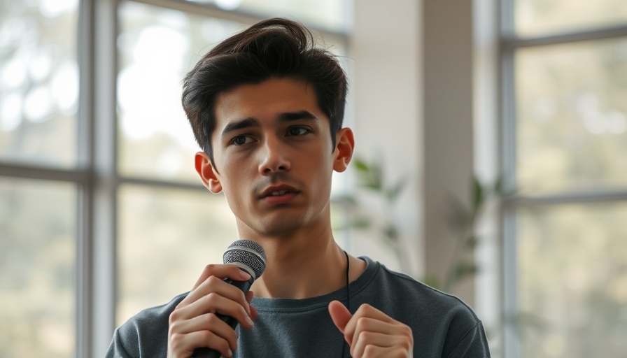 Young man with microphone, introspective indoors, AI sports betting.