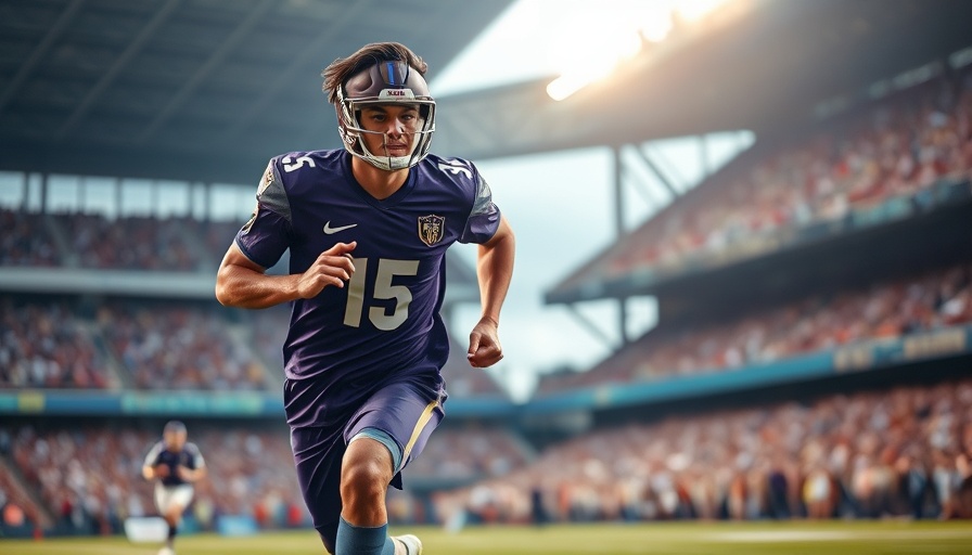Focused football player in action with stadium background