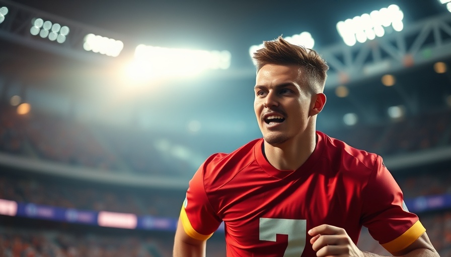 Football player in action with blurred stadium background.
