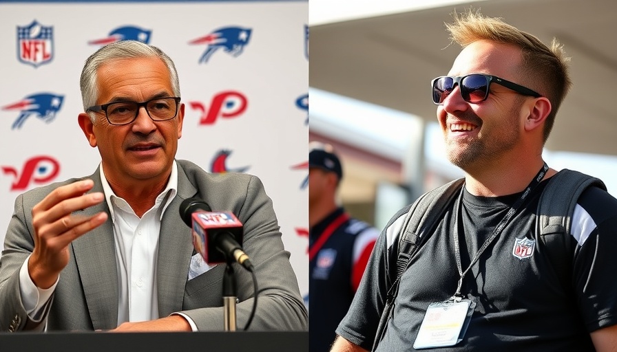 NFL insiders discussing predictions, one at press conference and one outdoors.