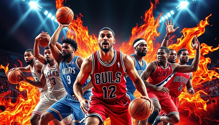 NBA basketball players graphic with vibrant action poses and dynamic flames.