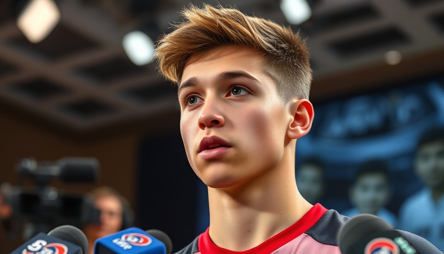 Young athlete at press conference discussing AI sports betting.