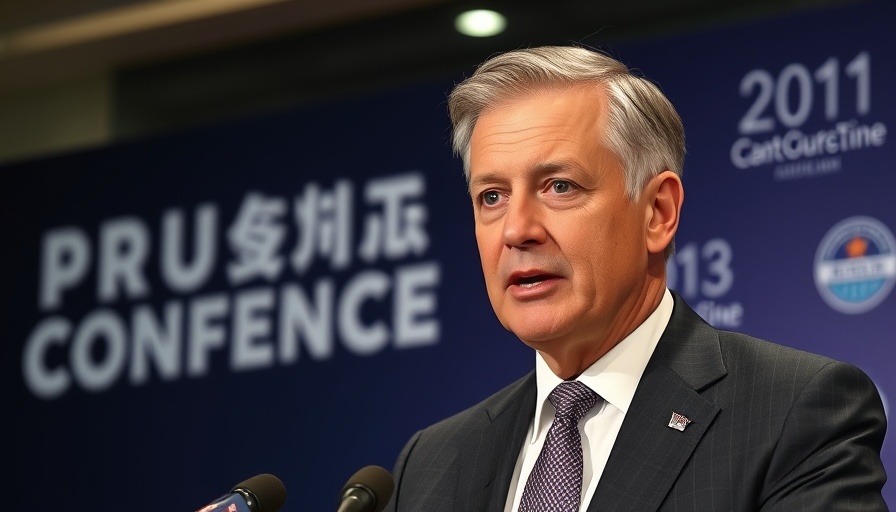 Middle-aged man at press conference with conference logos.