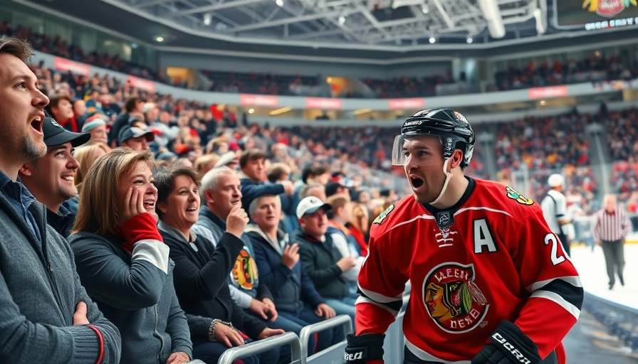 Crowd of excited hockey fans watching game with player skating.