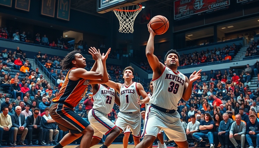 College basketball game scene with vibrant action and crowd