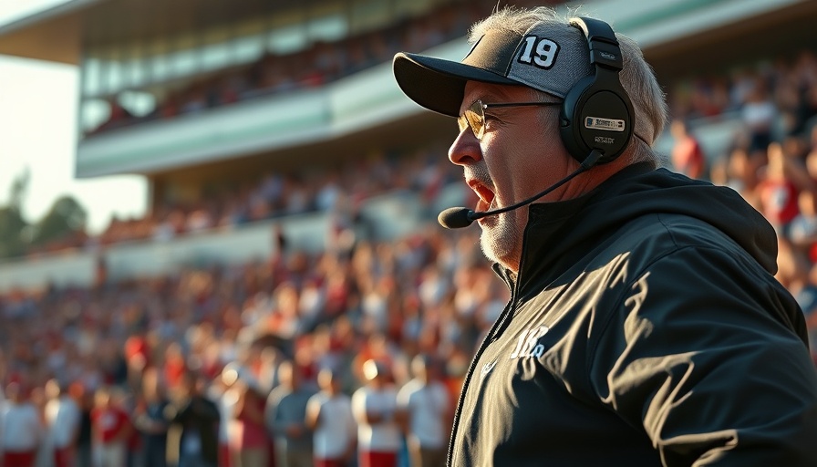 Football coach engaged during a game in vibrant stadium.