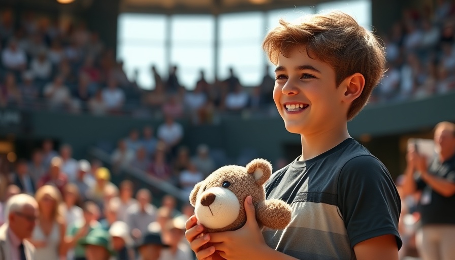 Tennis player with plush toy during a lively match, vibrant scene.