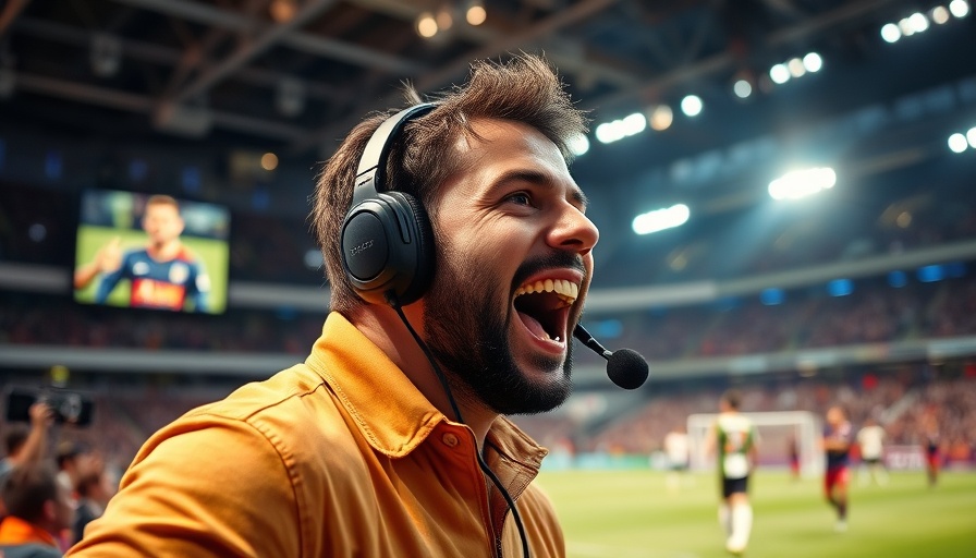 Energetic commentator celebrating a goal in a sports studio