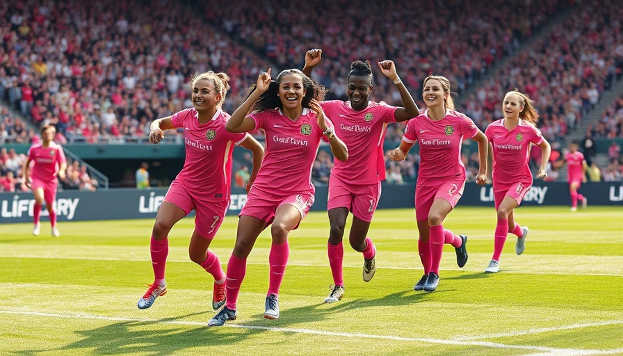 Soccer players celebrating goal in pink jerseys, vibrant match action.