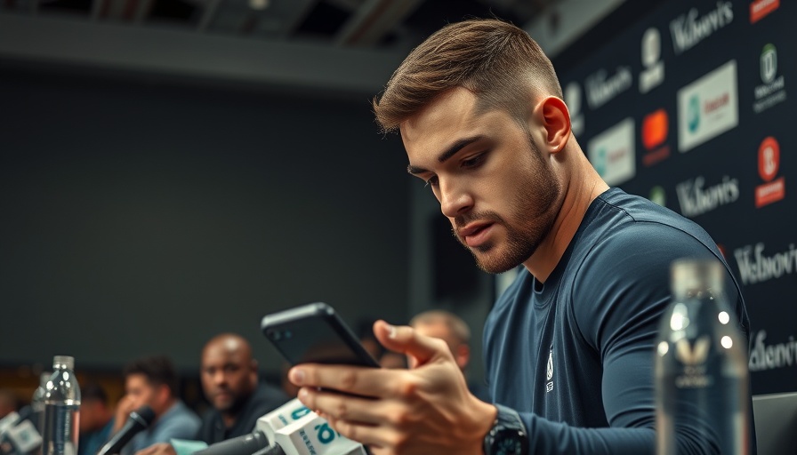 Athlete candidly using smartphone at press conference.
