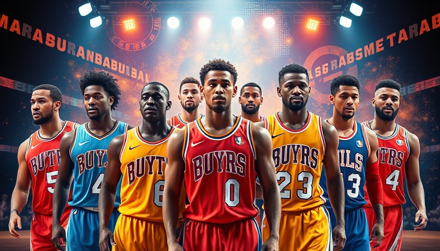 Vibrant collage of basketball players in team jerseys with a sports theme.