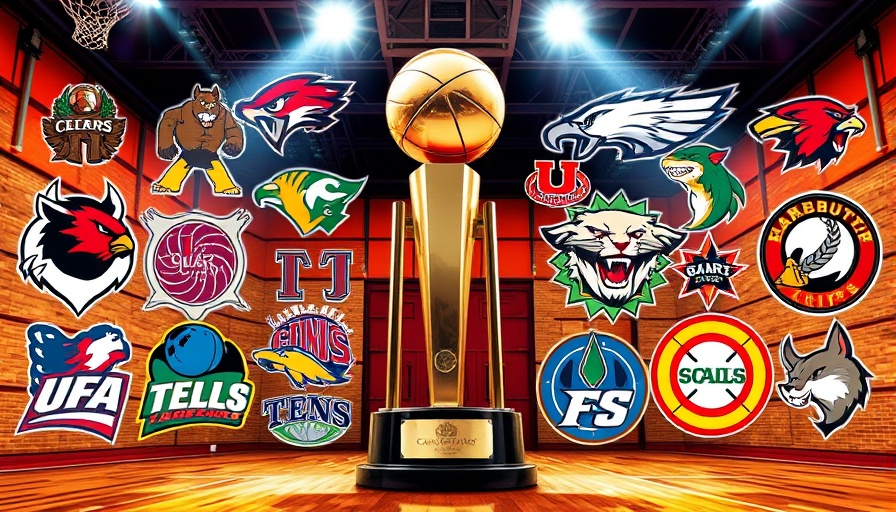 AI sports betting collage with team logos and trophy.