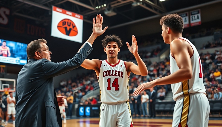 College basketball betting: players high-five, commentator talks sports.