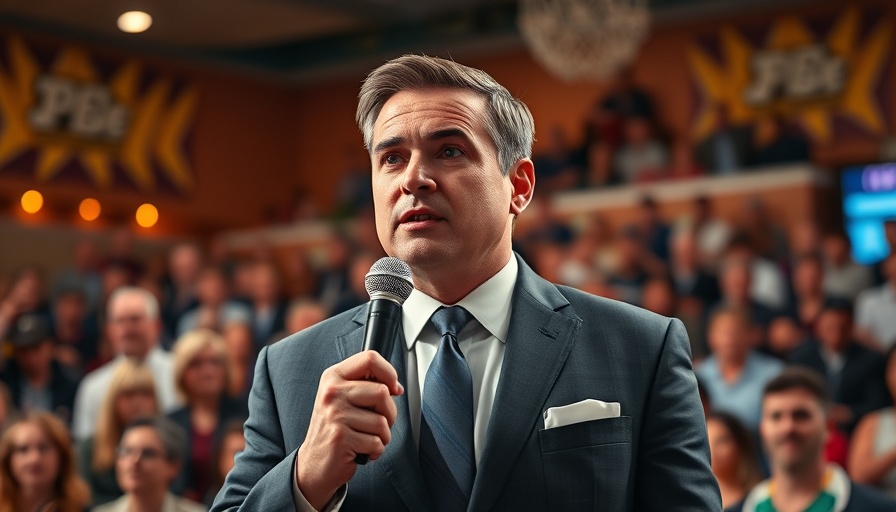 AI sports betting: Speaker in suit on stage, vibrant background.