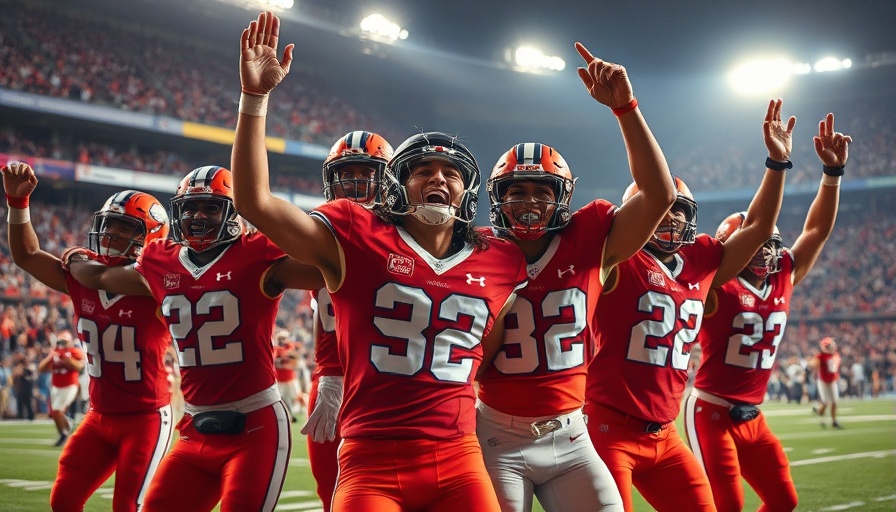 Excited football players celebrating on field, vibrant sports scene.