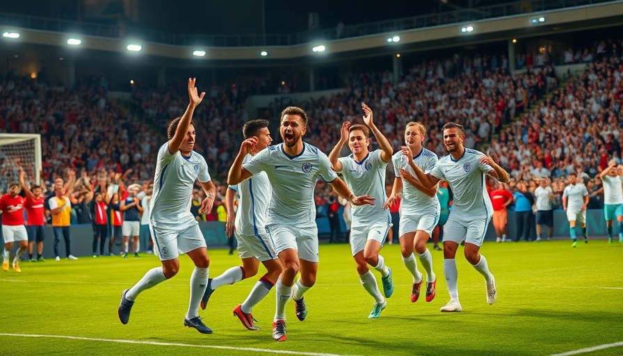 Soccer players celebrating during a match with cheering crowd.