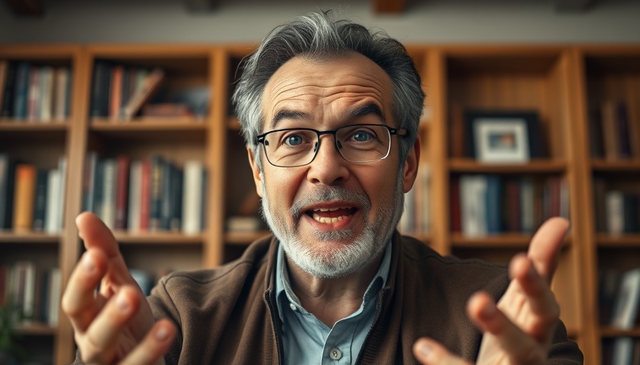 Middle-aged man speaking animatedly in a home office setting