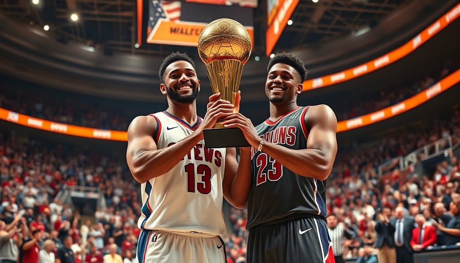 Basketball players celebrating victory with trophy at packed arena.