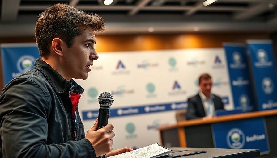 AI sports betting press conference with speaker on stage.