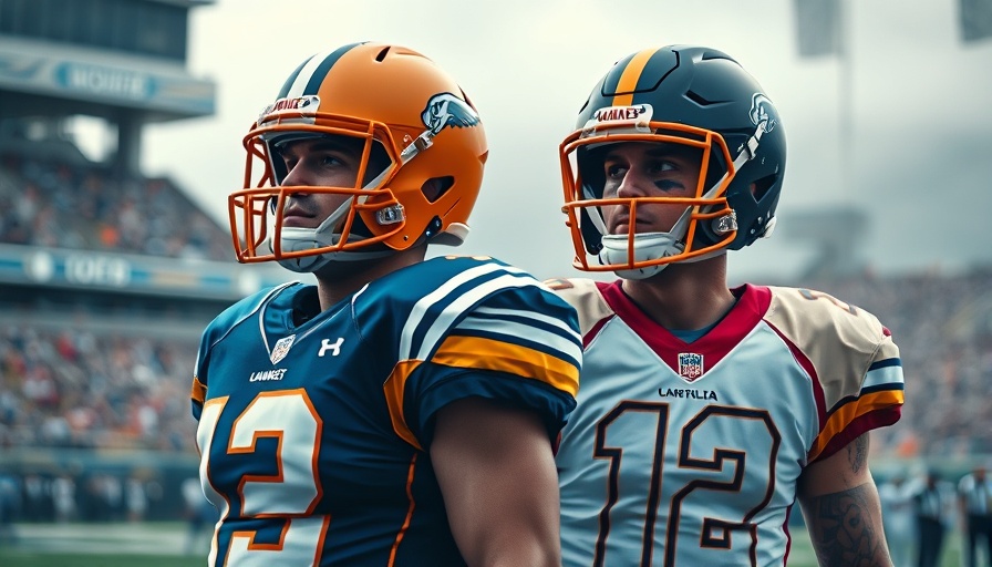American football players' transition concept in vibrant split-screen for AI sports betting.