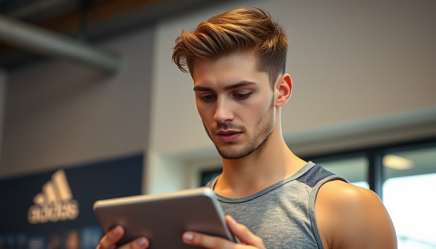 Young athlete focused on a tablet indoors with sports background.