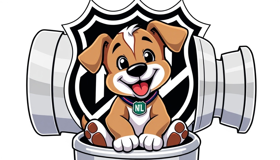 Cartoon puppy in trophy with NHL logo in the background.