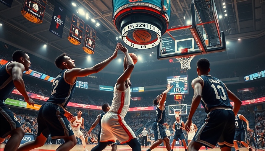Intense basketball game highlights in a vibrant sports arena.