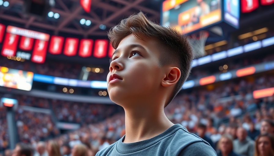 Young fan in arena watching basketball, AI sports betting.