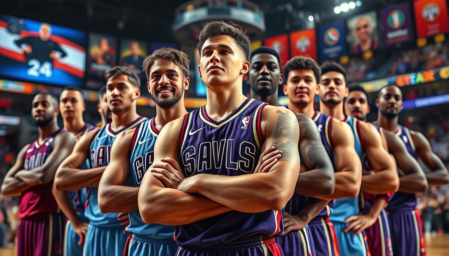 AI sports betting concept with basketball players in arena.