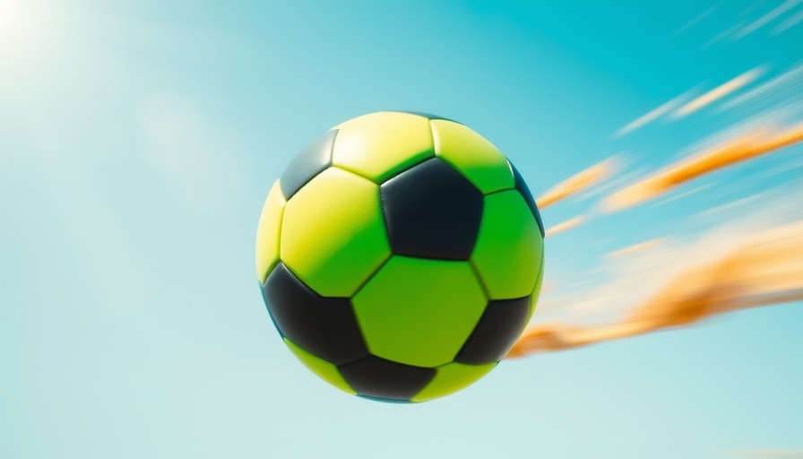 Dynamic image of soccer ball in motion, bright colors against blue sky.