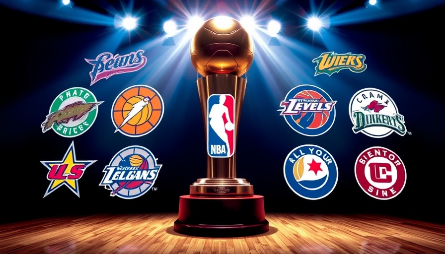 Dynamic sports graphic with NBA logos and trophy, AI sports betting
