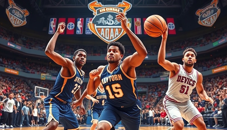 Energetic basketball players in action at a lively indoor game setting.
