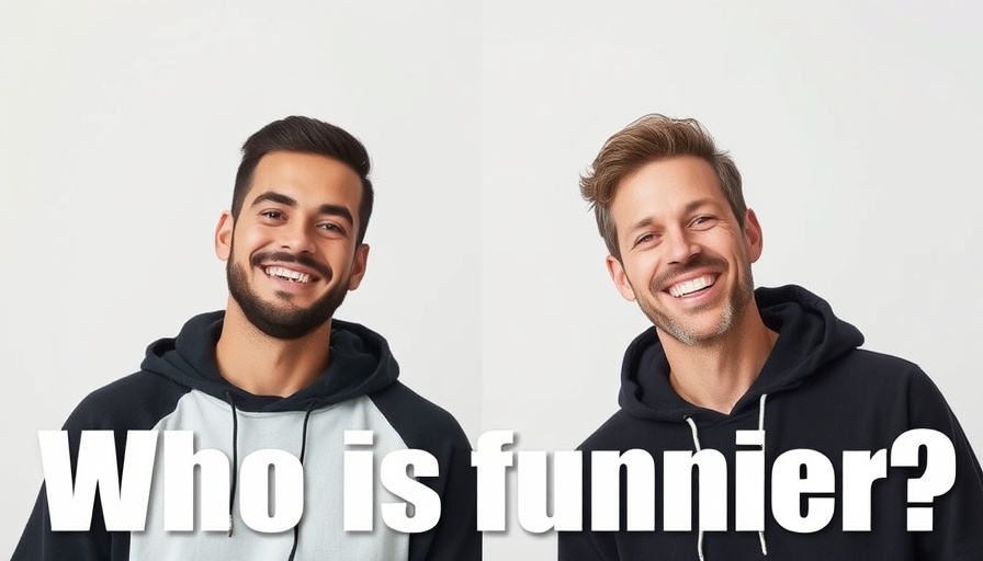 Two men smiling with text 'Who is funnier?' in casual clothing.