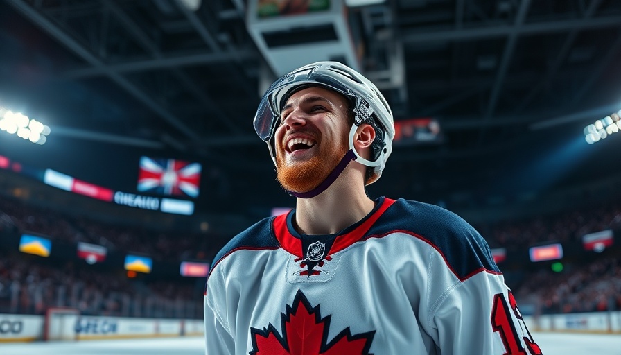 Smiling hockey player in an arena, AI sports betting.